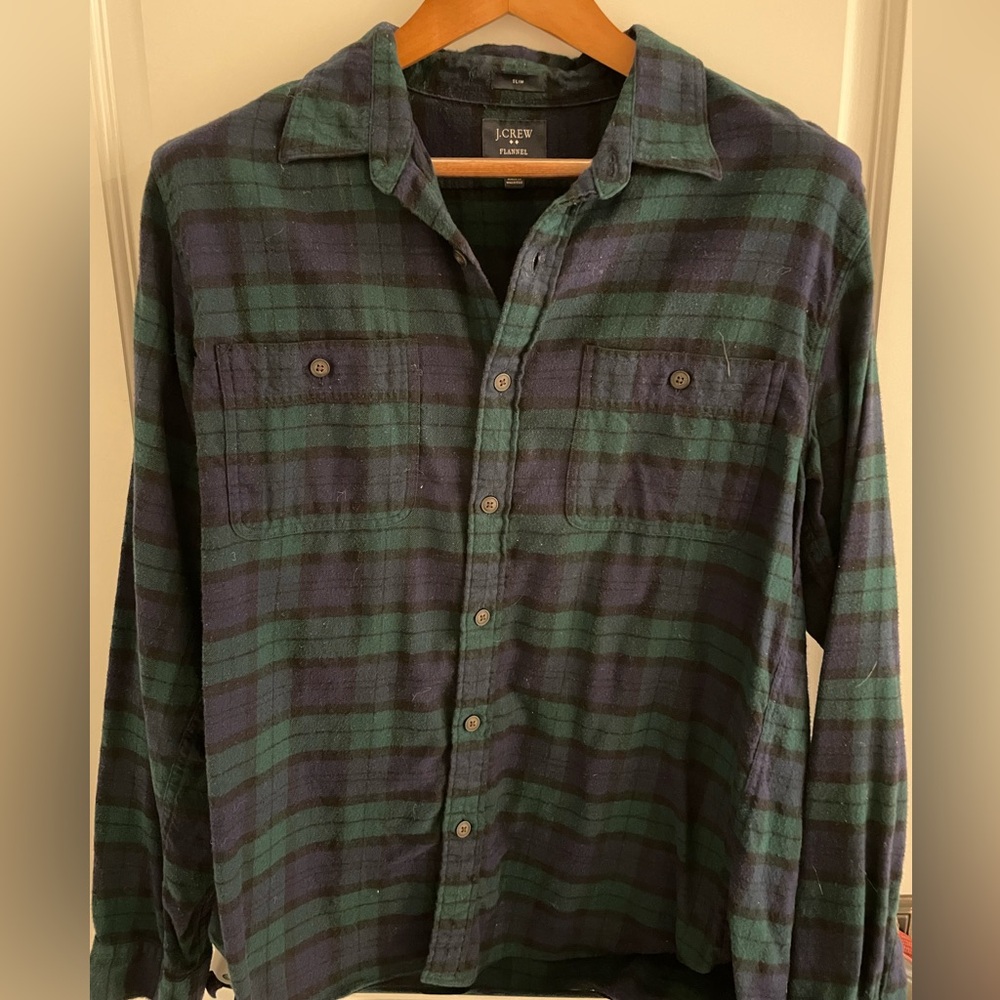 J. Crew Men's Green and Blue Plaid Flannel Shirt